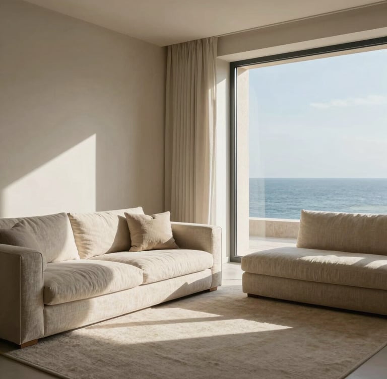 Sun-drenched minimalist living room with a sea-view window, soft Mediterranean light, premium linen textures, architectural digest style.