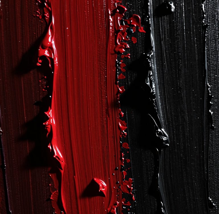 Dramatic close-up of thick red and black oil paint ridges on a canvas, side-lit with deep shadows, showing heavy impasto texture, 35mm photography