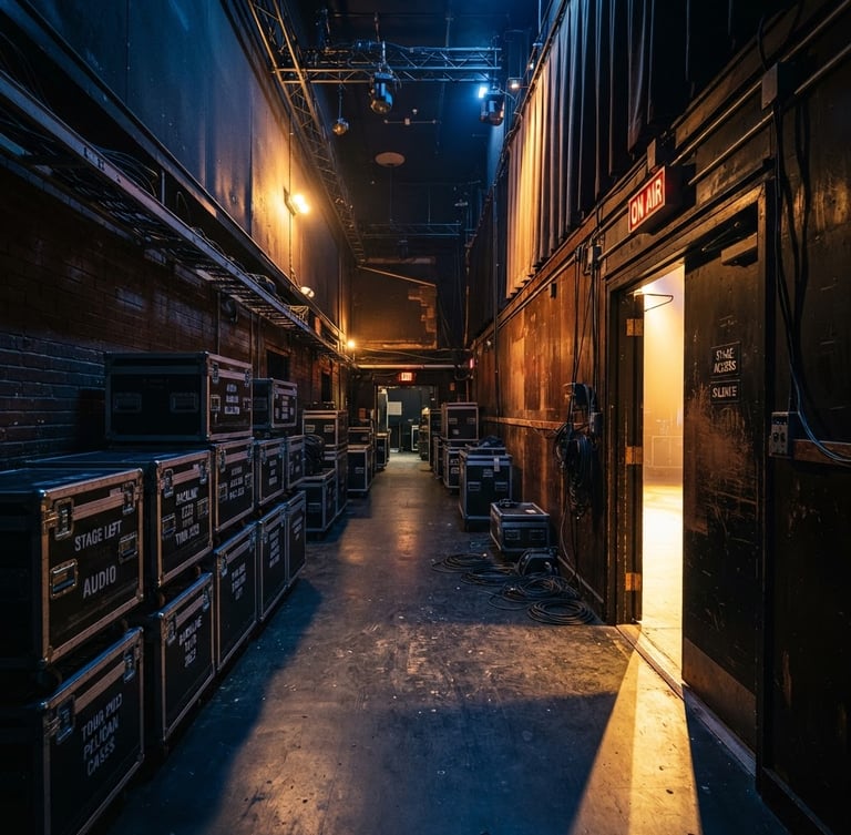 A professional backstage hallway with warm golden lighting, flight cases stacked neatly on the left, stage door with light glowing on the right, premium editorial photography