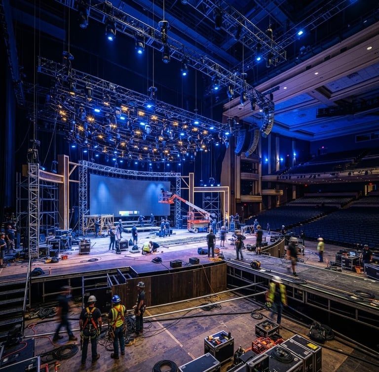 Wide environmental shot of a premium corporate event stage being assembled, professional lighting rigs, deep blue tones, sharp focus, clean architectural angles.