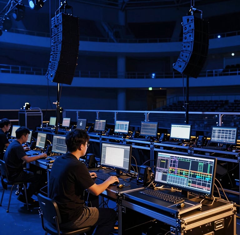 Close-up of professional stage lighting equipment and sound arrays being calibrated by technicians in a large modern arena, clean technical focus, deep blue ambient light
