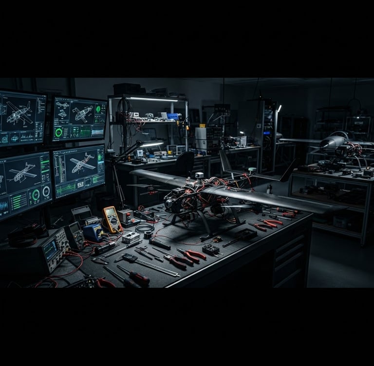 Wide panoramic view of a high-tech aerospace engineering lab with custom UAV airframes on workbenches, glowing diagnostic screens, and precision tools, sharp edge-lighting, dark obsidian background.