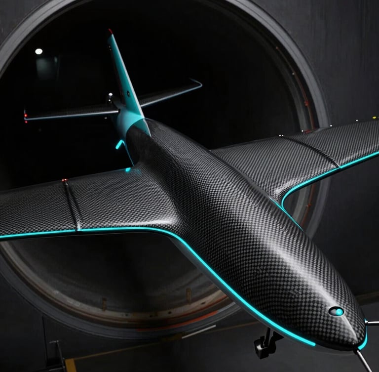 Close-up macro shot of a carbon-fiber UAV wing inside a dark wind tunnel, sharp cyan edge-lighting highlighting aerodynamic contours, technical telemetry lines overlay, 85mm