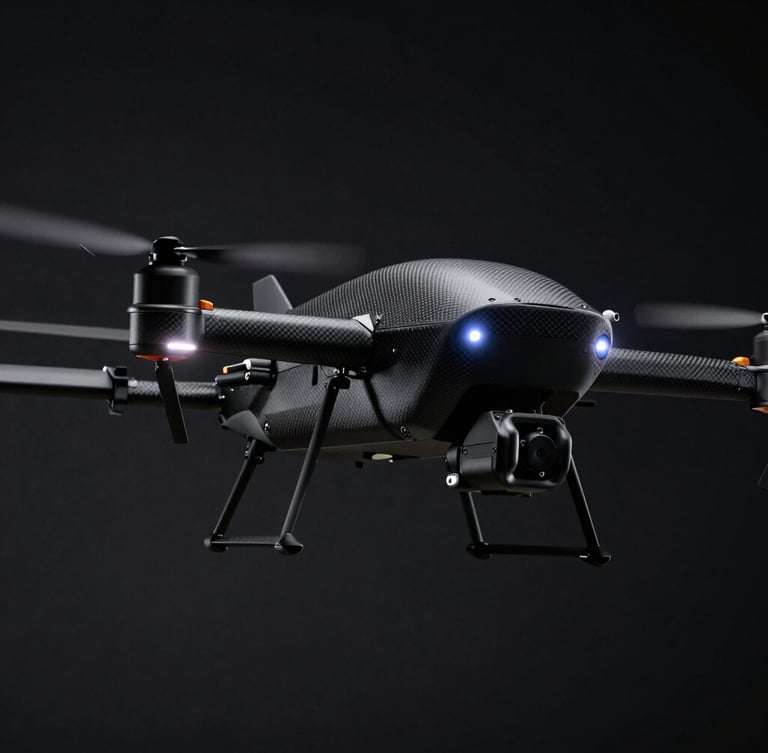 Portrait shot of a rugged industrial inspection UAV, carbon-fiber airframe, glowing status LEDs, low-angle heroic, sharp edge-lighting, dark obsidian background, high-contrast details.