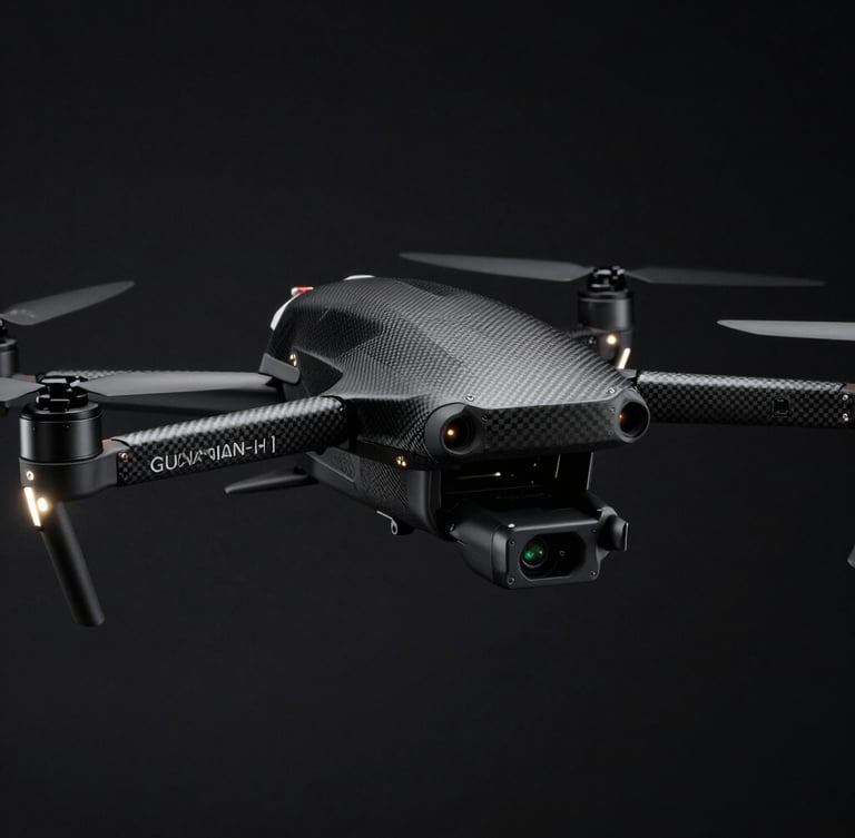 Low-angle heroic product shot of the GUARDIAN-H1 drone, carbon-fiber airframe, sharp edge-lighting, glowing status LEDs, dark obsidian background, high-contrast details.