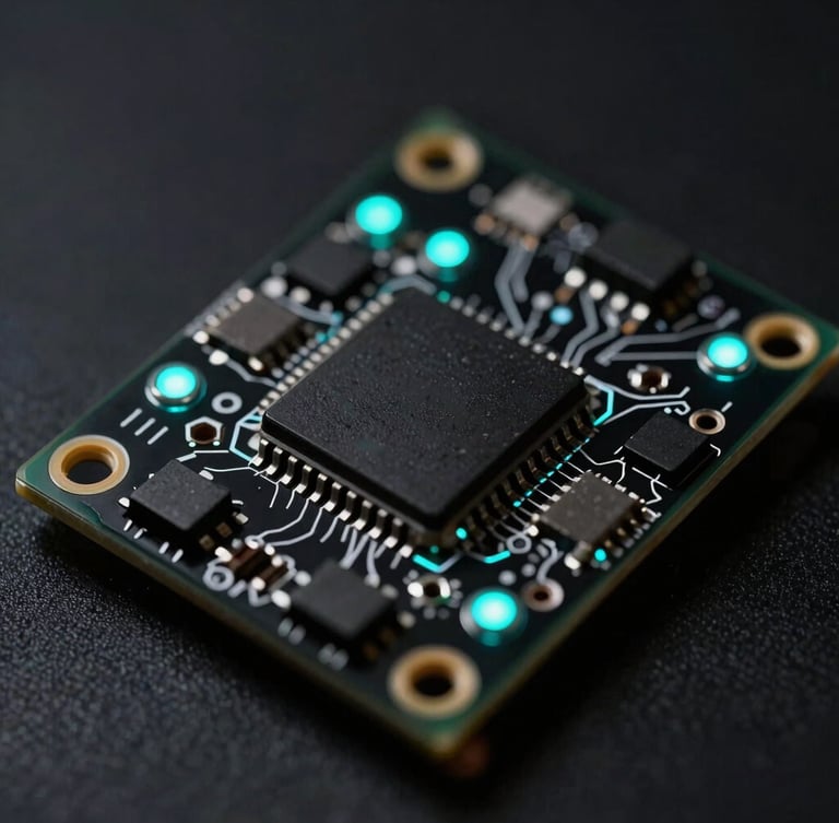 Close-up macro shot of a custom PCB board with glowing electric cyan status LEDs, sharp edge-lighting, dark obsidian background, high-contrast technical details.