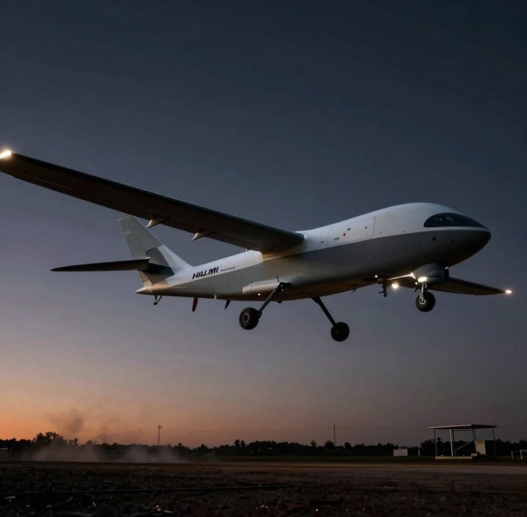 Low-angle heroic product shot of a large Hilmi AeroBotics heavy-lift logistics UAV taking off from a remote landing zone at dawn, sharp technical edge-lighting, dark obsidian background, high-contrast details, 85mm