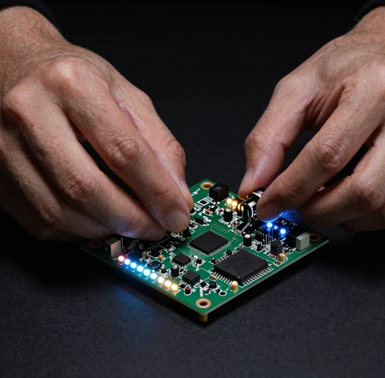 Portrait shot of an engineer's hands working on a custom PCB board with glowing status LEDs, sharp technical edge-lighting, dark obsidian background, high-contrast details, focus on intricate electronics.