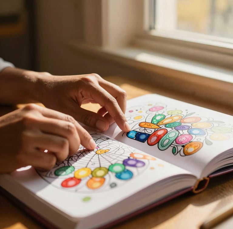 Warm editorial photography of hands with deep skin tones turning the pages of a therapeutic coloring book, golden-hour window light, rich saturated jewel tones, shallow depth of field, 35mm