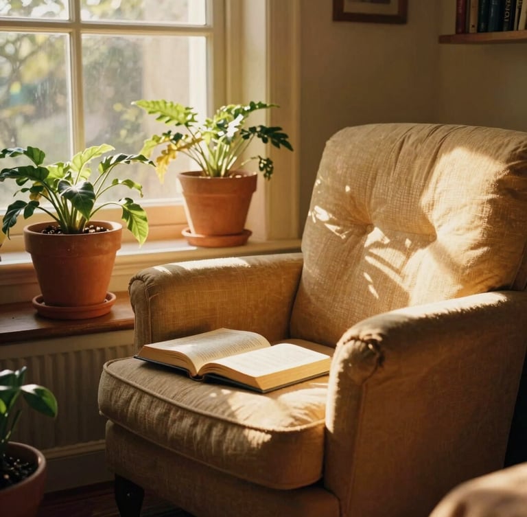 Warm editorial photography of a sun-drenched reading nook with a cozy armchair, terracotta potted plants, golden-hour window light, rich saturated jewel tones, 35mm