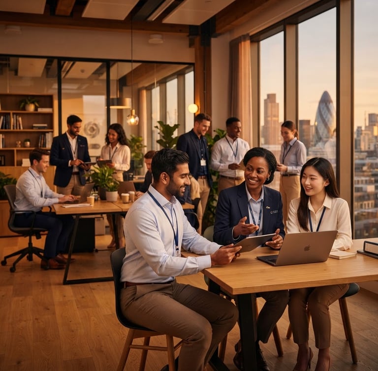 Professional corporate staff in clean, branded uniforms, diverse team, in a modern office, golden-hour interior light, rich amber tones, sharp focus.