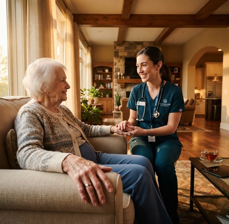 Professional nurse interacting gently with an elderly patient in a warm, clean home environment, soft golden-hour interior lighting, rich amber tones, sharp focus, high-end architectural style, patient's hand visible in foreground, nurse in branded uniform, wide shot.
