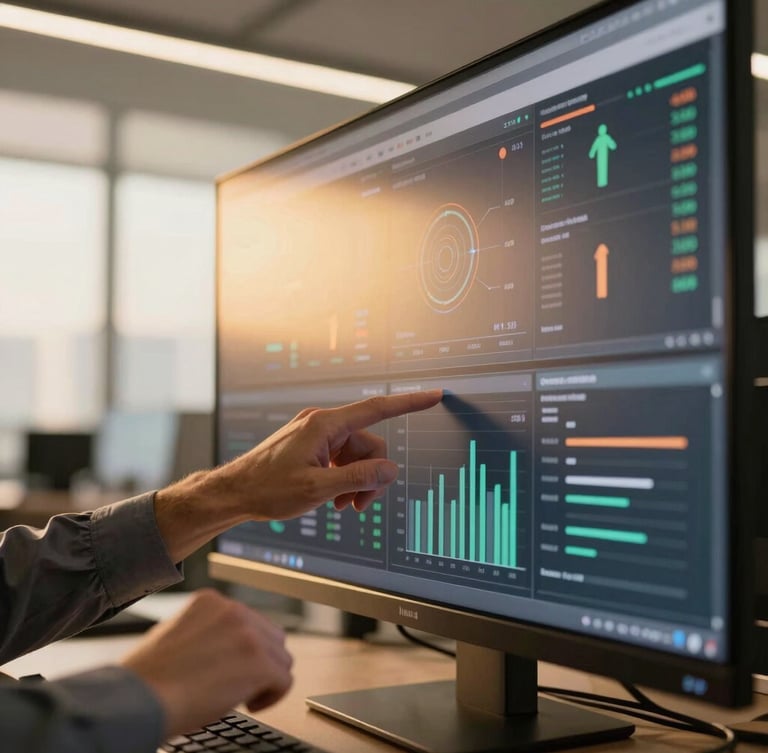 Close-up of a professional facility manager's hands reviewing a digital dashboard showing various operational metrics, with a soft golden light reflecting off the screen, in a clean, modern office, high-end architectural style.