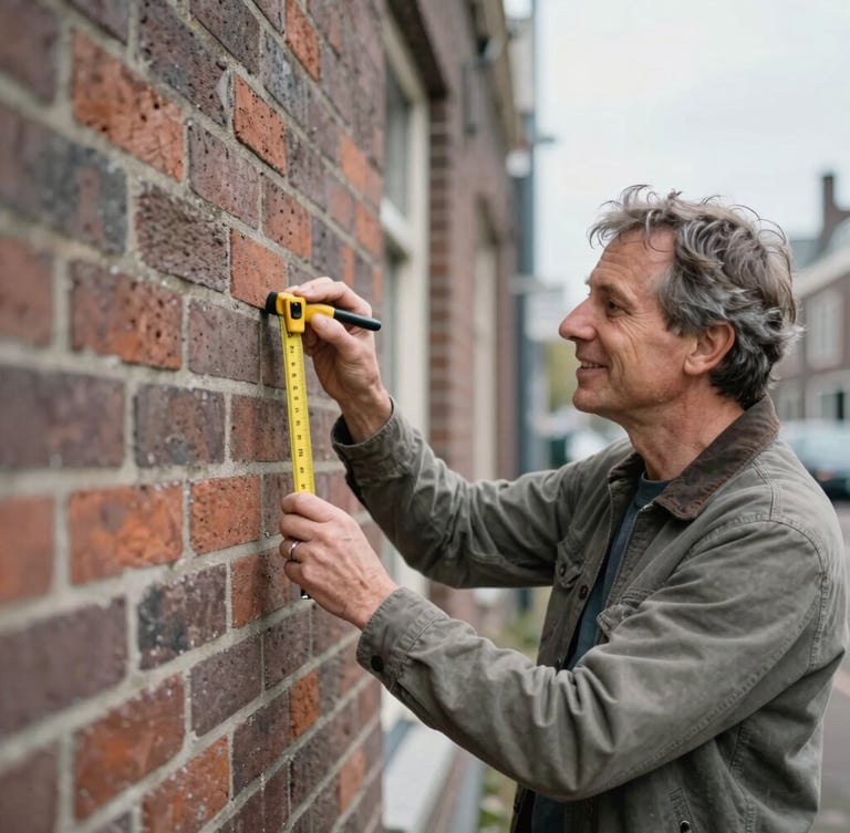 A friendly Dutch structural advisor in casual professional clothing, inspecting a brick wall with a measuring tool, authentic documentary style, soft natural overcast daylight