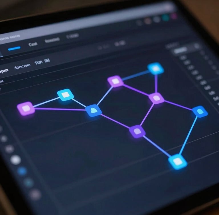 Macro close-up of a dark mode analytics dashboard showing conversion funnel nodes, glowing electric blue and purple lines connecting data blocks on a sleek glass screen, shallow depth of field, moody studio lighting.
