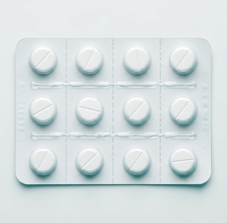Macro clinical shot of professional blister packaging on a sterile white surface, bright high-key white light, subtle teal shadows, sharp focus, 50mm lens, professional pharmaceutical B2B presentation.