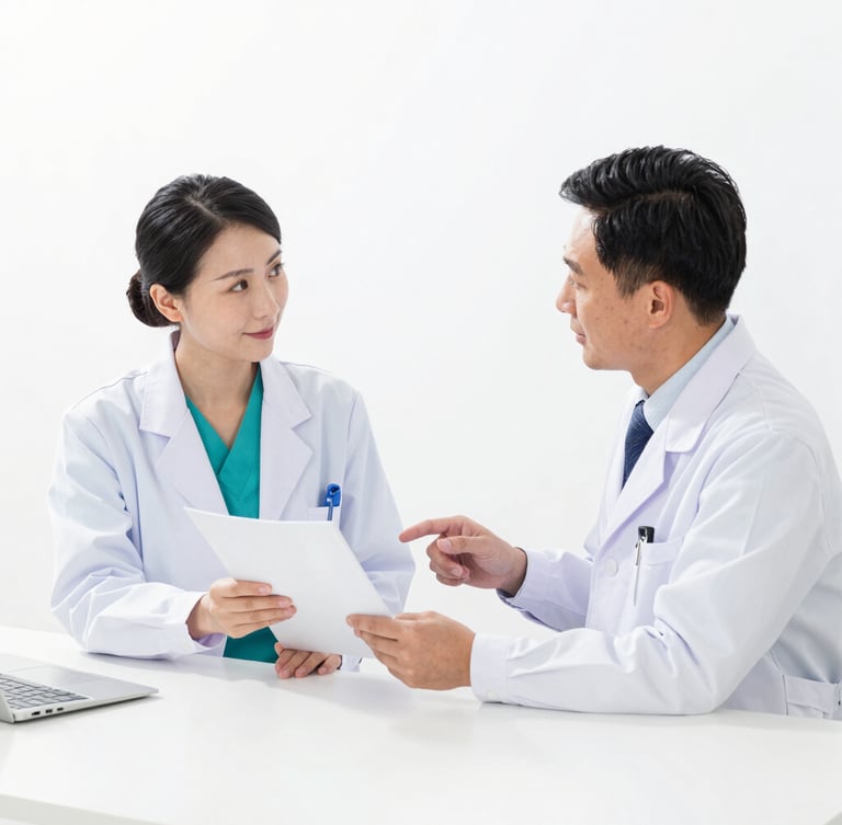 A professional B2B consultation in a bright clinical office, a medical representative showing product documentation to a doctor, clean shadows, high-key light