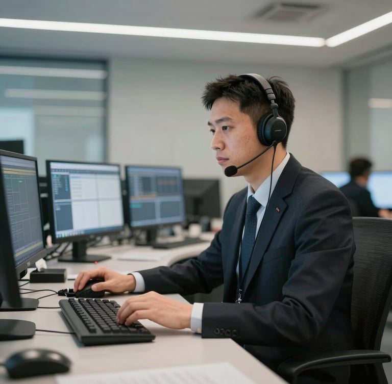 A professional dispatcher working in a modern real-time control room with digital monitoring screens, clean soft lighting.