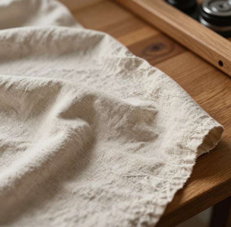 Macro close-up of soft linen fabric draped over a wooden drafting table in natural morning light, delicate neutral textures