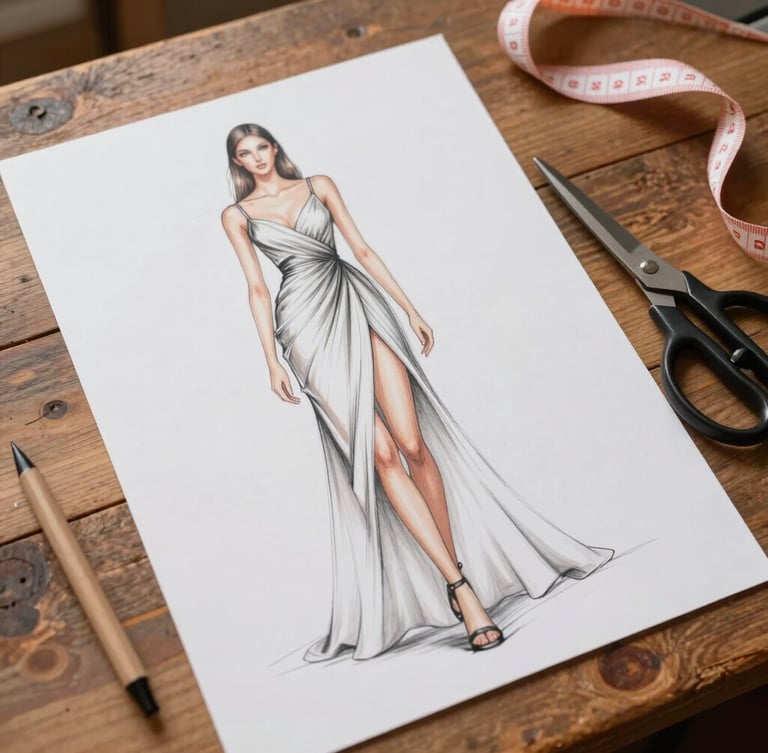 A physical fashion sketch of a romantic draped dress lying on a rustic wooden drafting table alongside tailor shears and soft measuring tape, warm daylight