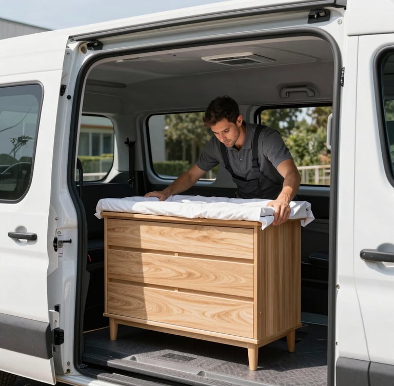 A professional removals owner wrapping a wooden dresser in protective blankets inside a clean, modern van, bright natural daylight