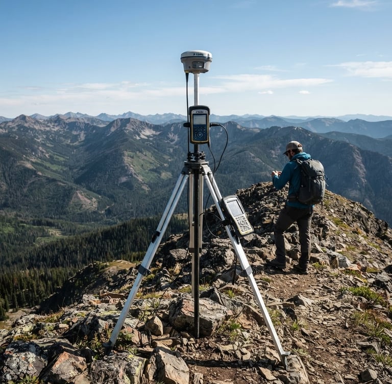 Modern surveying equipment with a high-precision GPS receiver, set up on a rugged mountain peak in Western Montana under crisp daylight, wide environmental shot, muted forest tones, sharp focus.