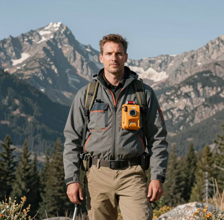 Professional portrait of a land surveyor in high-quality outdoor gear, standing confidently in front of a rugged Montana mountain backdrop under crisp natural daylight. Muted forest tones, sharp focus, 35mm lens.