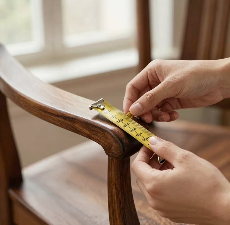 A close-up of hands gently measuring the armrest of a vintage solid oak chair with a classic brass tape measure, soft natural window lighting, rich walnut tones, editorial furniture photography style