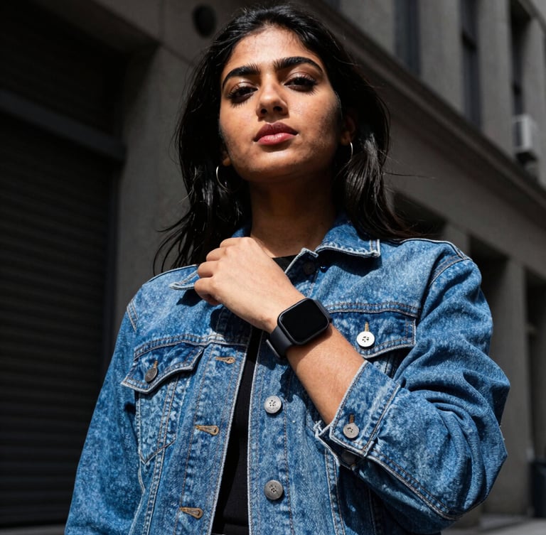 Low-angle street portrait of a young Pakistani woman wearing a smartwatch, styled with a modern denim jacket, crisp daylight, sharp detail, 35mm lens.