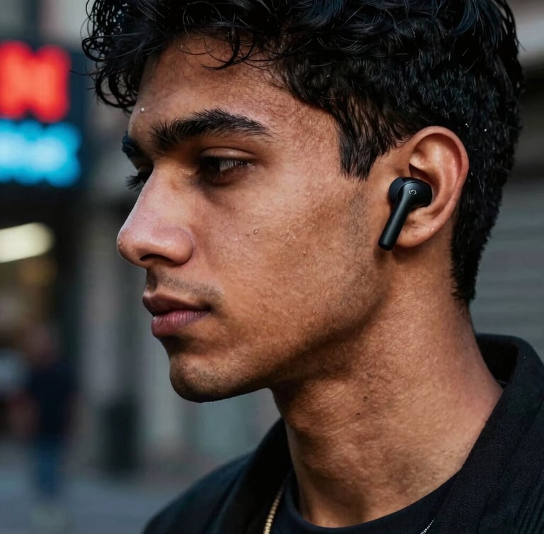 Close-up of a young Pakistani creator wearing matte black wireless earbuds, dramatic neon night reflections, urban streetwear, high-contrast detail, 35mm lens.