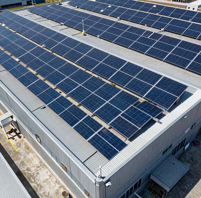 Crisp wide-angle drone shot of a massive industrial rooftop solar array under direct midday sunlight, metallic blue tones, architectural precision.