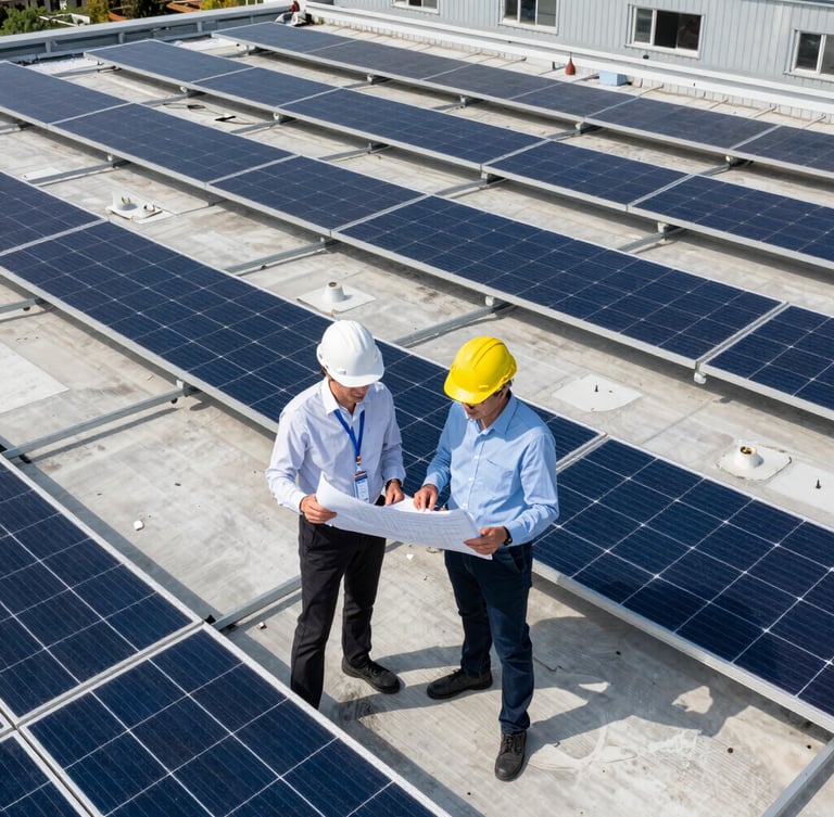 Two professional engineers in hardhats inspecting technical blueprints on an industrial rooftop solar site, bright direct sunlight, professional confidence.