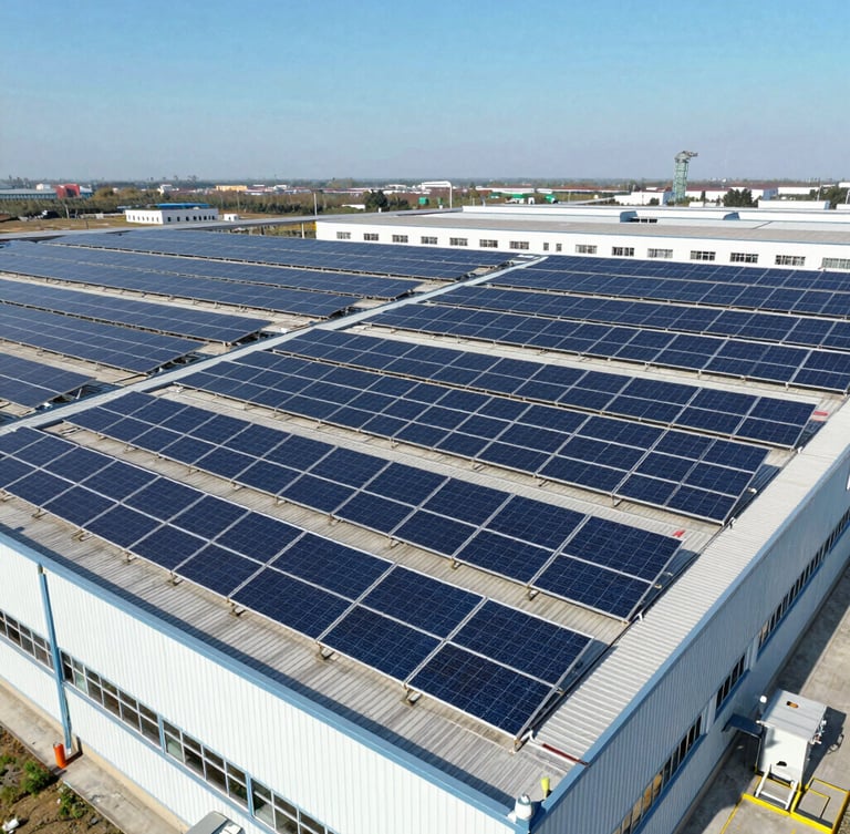 Wide-angle drone perspective of a massive industrial rooftop solar array in bright direct sunlight, deep blue panels reflecting clear sky