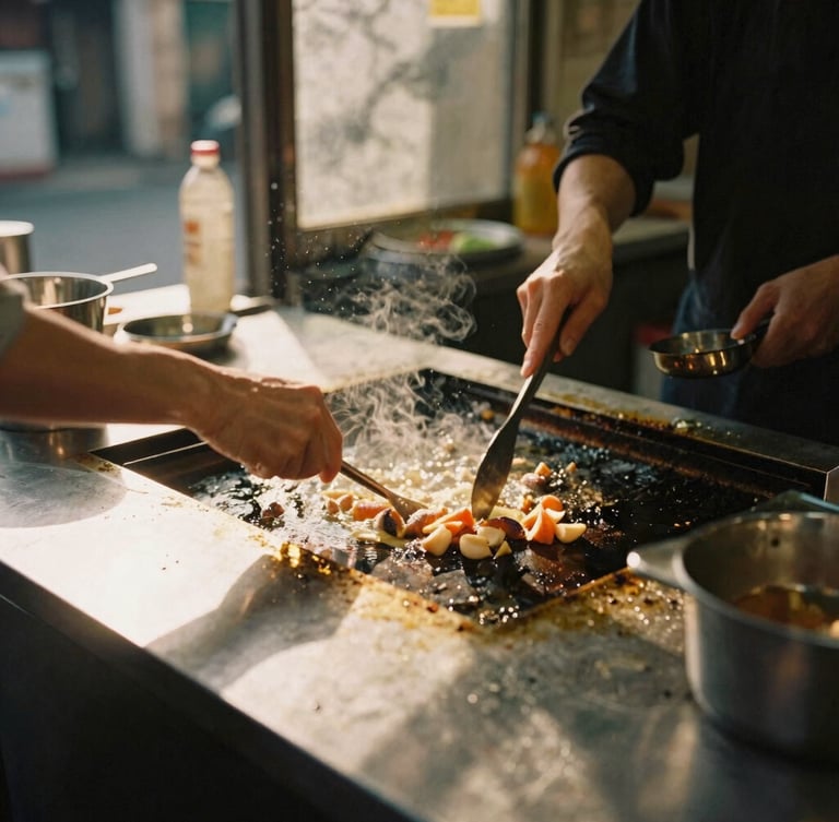 Tight dynamic close-up of local street food sizzling on a metal counter in a Tokyo alleyway, hard shadows, warm golden hour light, 35mm film aesthetic