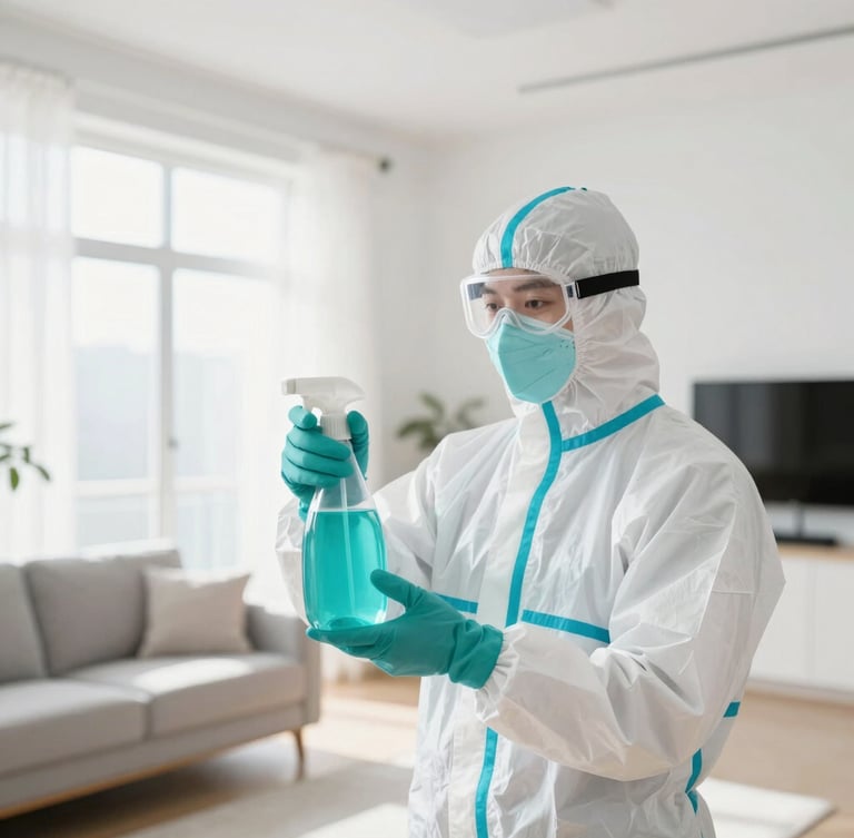 Professional technician in a clean, branded protective white suit spraying eco-safe sanitizer in a bright, modern, sunlit living room, sterile teals and whites, highly professional, sharp focus.