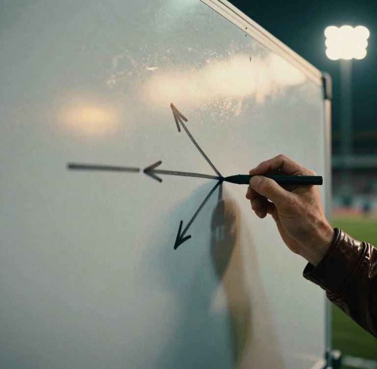 Close-up of a hand drawing tactical arrows on a clean whiteboard, soft golden hour light reflecting on the surface, professional sports editorial style.