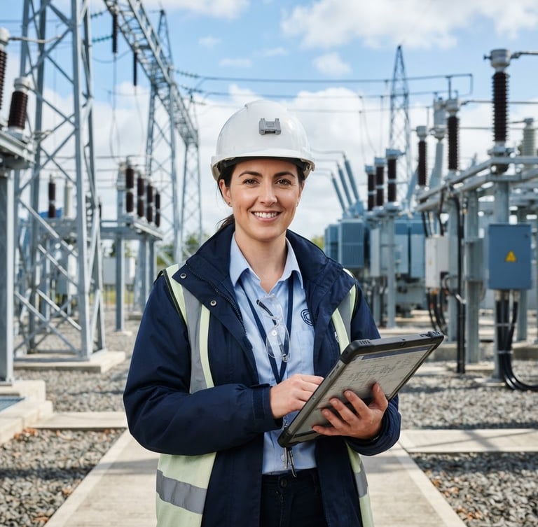 Professional portrait of an electrical engineer with a hardhat holding a tablet, clean modern substation background, crisp natural daylight, blue and slate tones