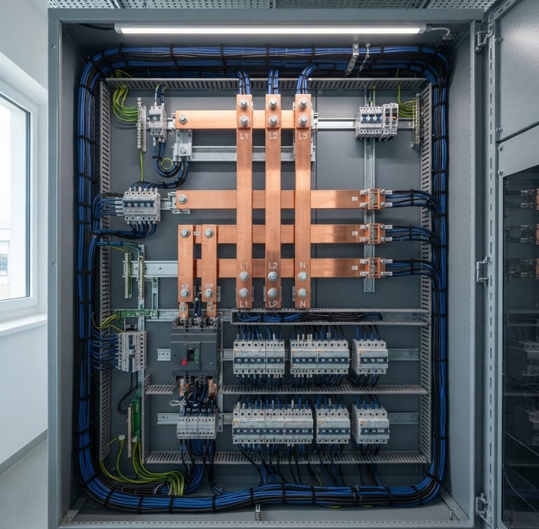 Close-up of a perfectly organized industrial electrical panel, clean copper busbars, structured wiring, crisp architectural lighting, blue and slate tones