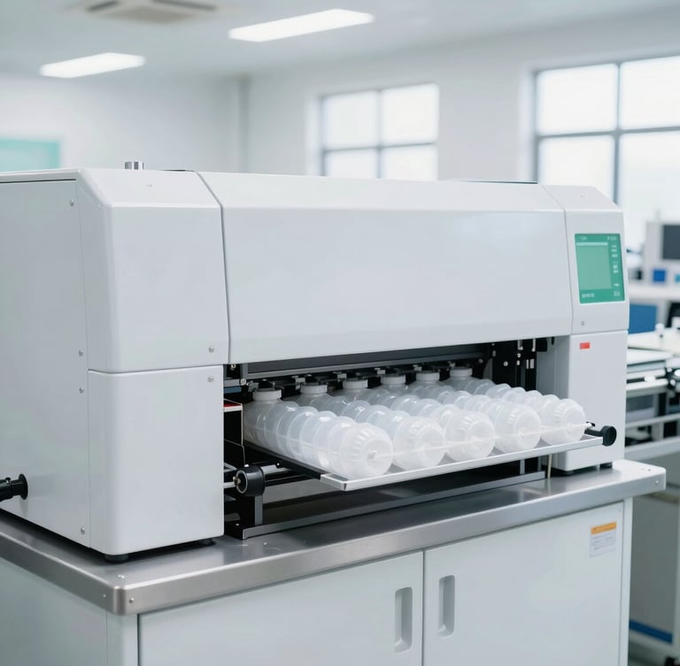 Wide shot of a clean, automated packaging manufacturing line, bright natural daylight, organized industrial setting, zero plastic visible, sharp focus, 50mm
