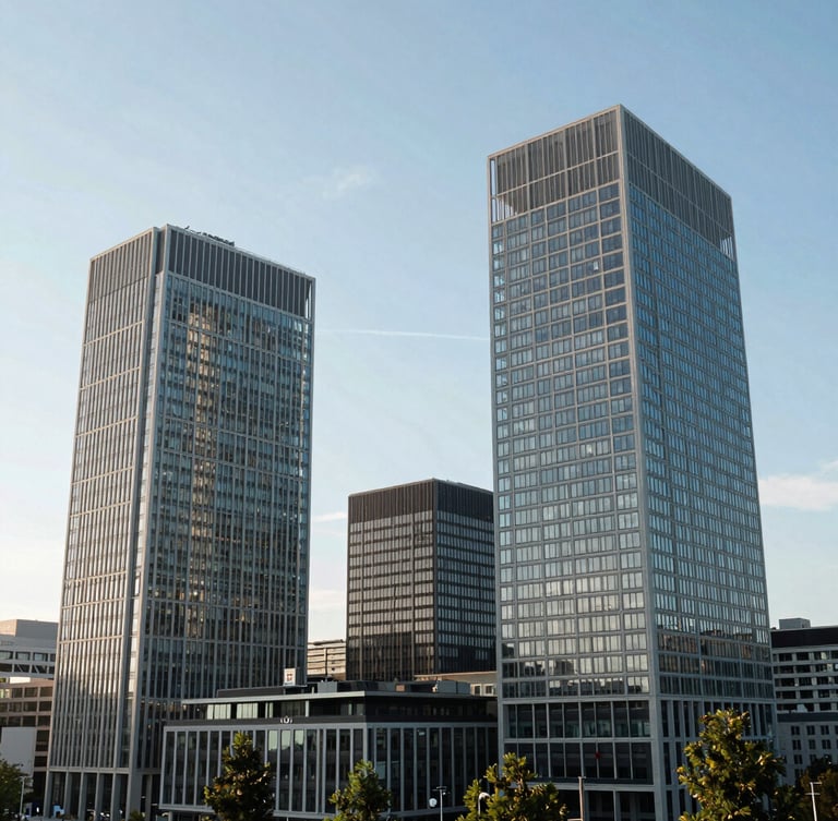 Wide environmental shot of a modern architectural skyline of a global financial hub in Geneva under bright daylight, clean lines.