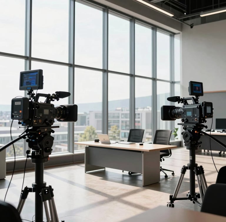 Wide environmental shot of a state-of-the-art broadcast studio in Geneva, bright natural light pouring through floor-to-ceiling windows, professional cameras aimed at a sleek presentation desk, minimalist architectural backdrop.