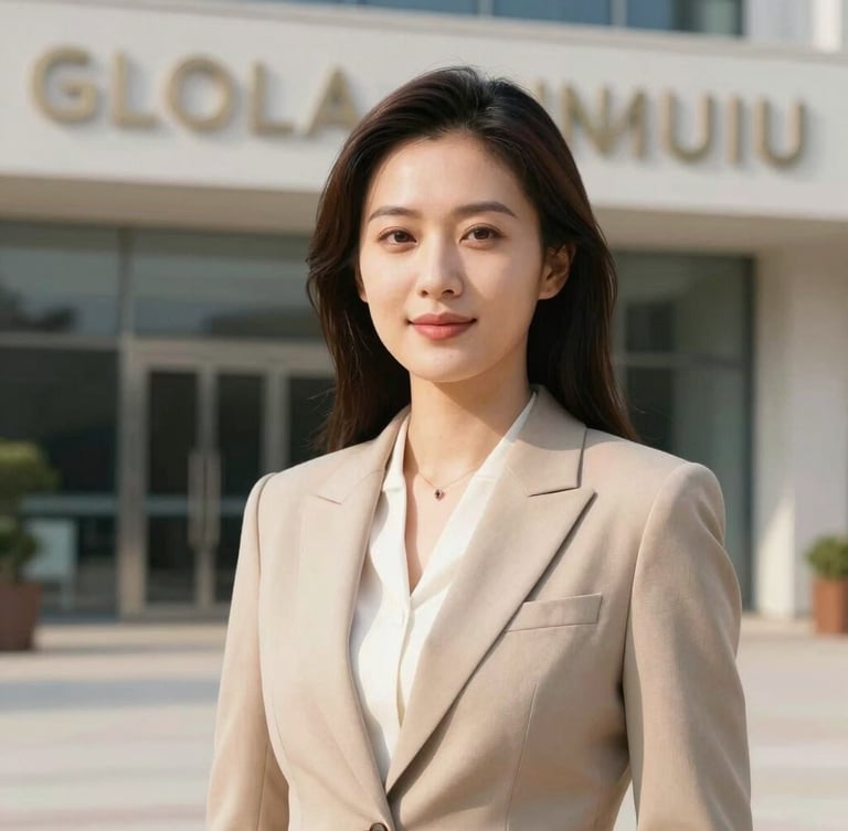 Portrait of an elegant female diplomat, professional attire, warm and confident expression, bright natural daylight, clean architectural background of a global summit.