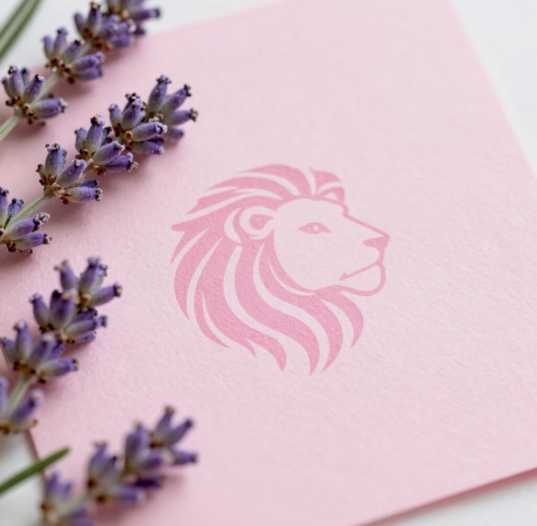 Clean editorial photography of a soft pink lion emblem printed on elegant textured paper, surrounded by fresh lavender and rosemary leaves, soft morning daylight, pastel pink and muted violet tones, minimalist composition, 35mm lens.