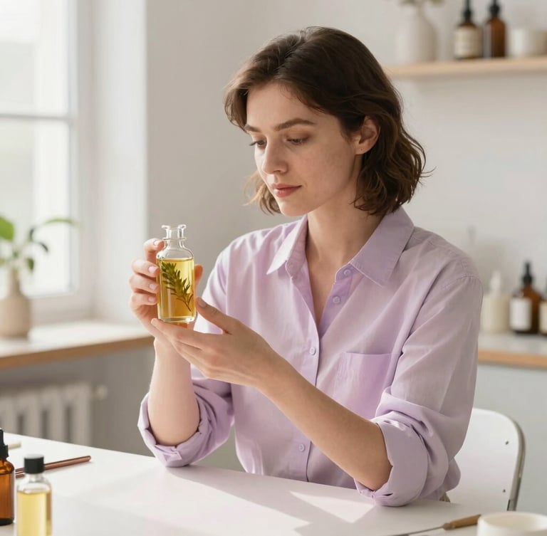 Warm portrait of a female artisan in her bright workshop, holding a glass bottle with golden botanical oil, soft morning daylight, 35mm lens.
