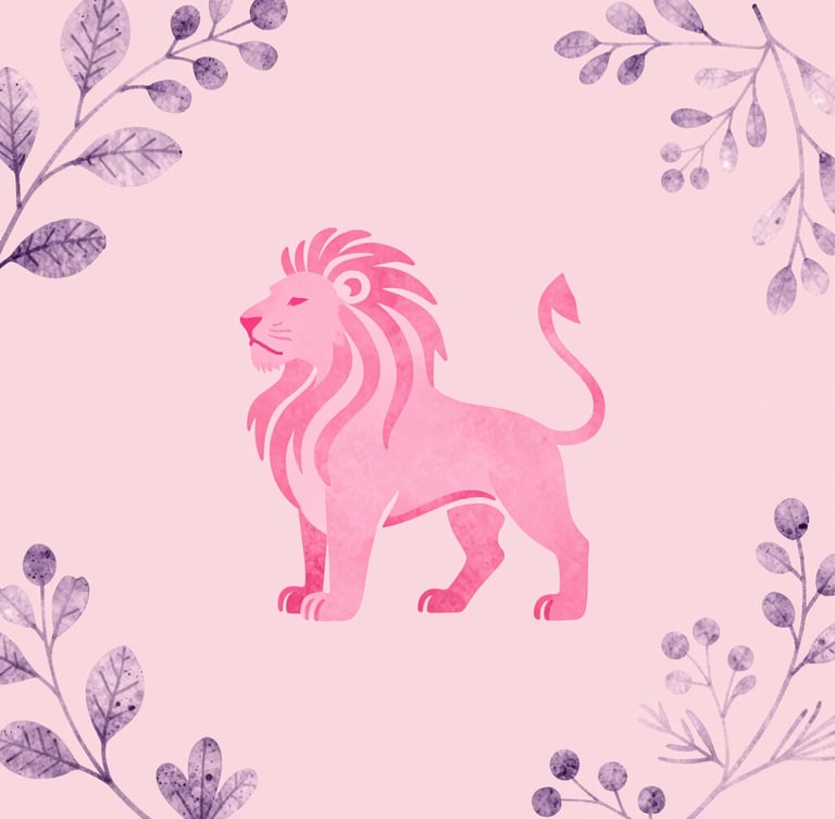 A minimalist hand-drawn pink lion emblem in watercolor style, centered against a soft dusty pink background, surrounded by delicate violet botanical illustrations, clean studio lighting.