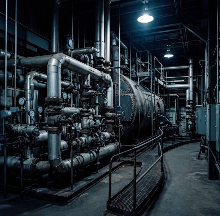 Industrial boiler room with large manifold piping, high-contrast dramatic mechanical room lighting, cool steel tones, sharp contrast, 35mm