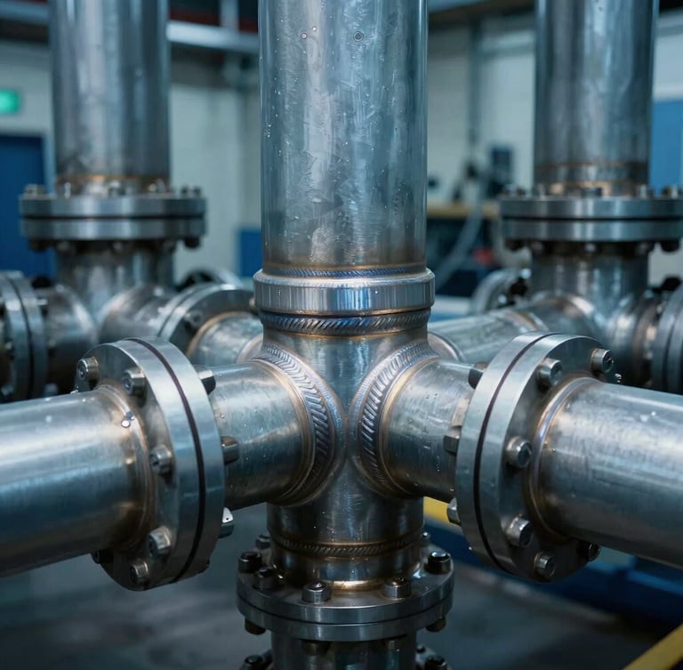 Close-up of precise pipe welds on industrial fire suppression lines, steel blue tones, dramatic lighting, 35mm