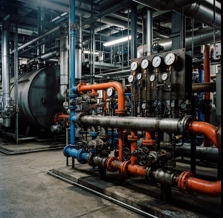 Industrial boiler room with large steel manifolds, pressure gauges, and blue and orange piping, high-contrast engineering photography, 35mm