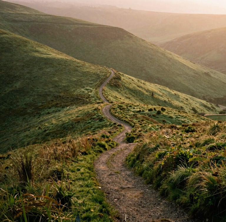 A wide, atmospheric landscape of mist-covered green hills at golden hour, a single winding path disappearing into the distance, soft directional window light feel, 35mm film style.