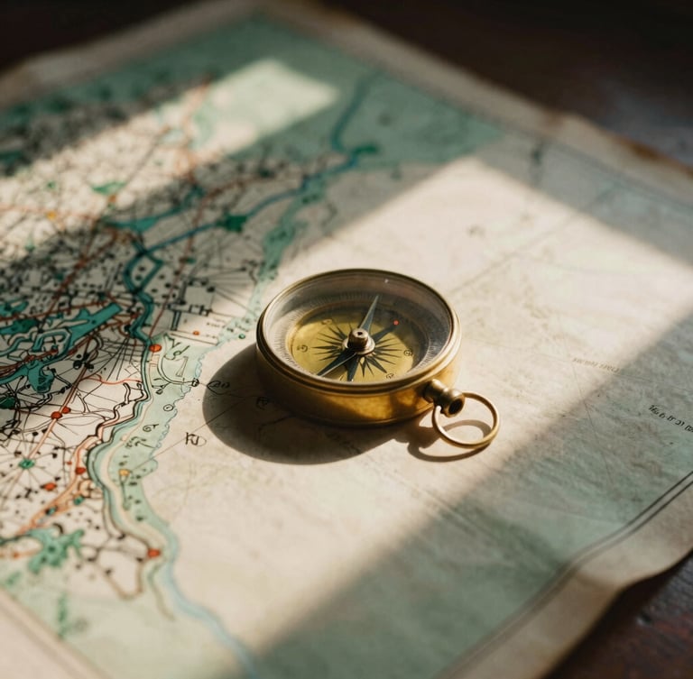 Macro photograph of a vintage brass compass resting on a hand-drawn map, warm golden hour light casting long shadows across aged parchment, 35mm film style.
